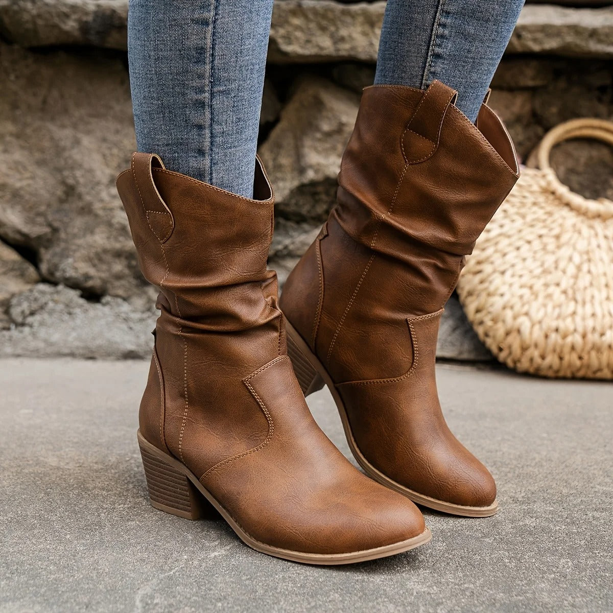 PU-Leder niedrige Ferse rutschfest Cowboy-Stiefel für Frauen - Rehava