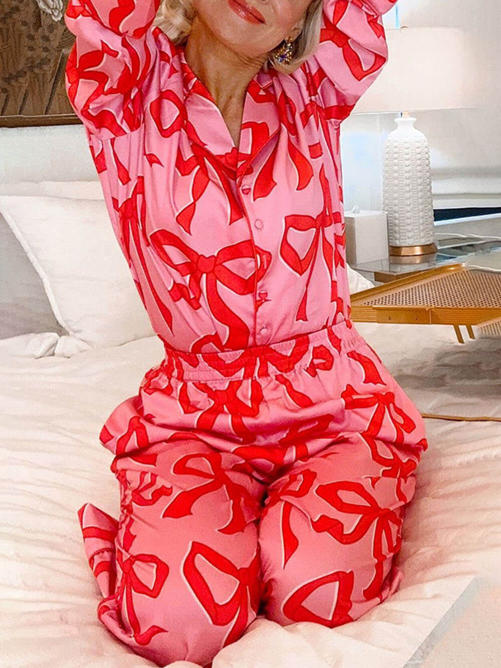 Rosa Pyjama-Set mit roten Schleifen - Javina