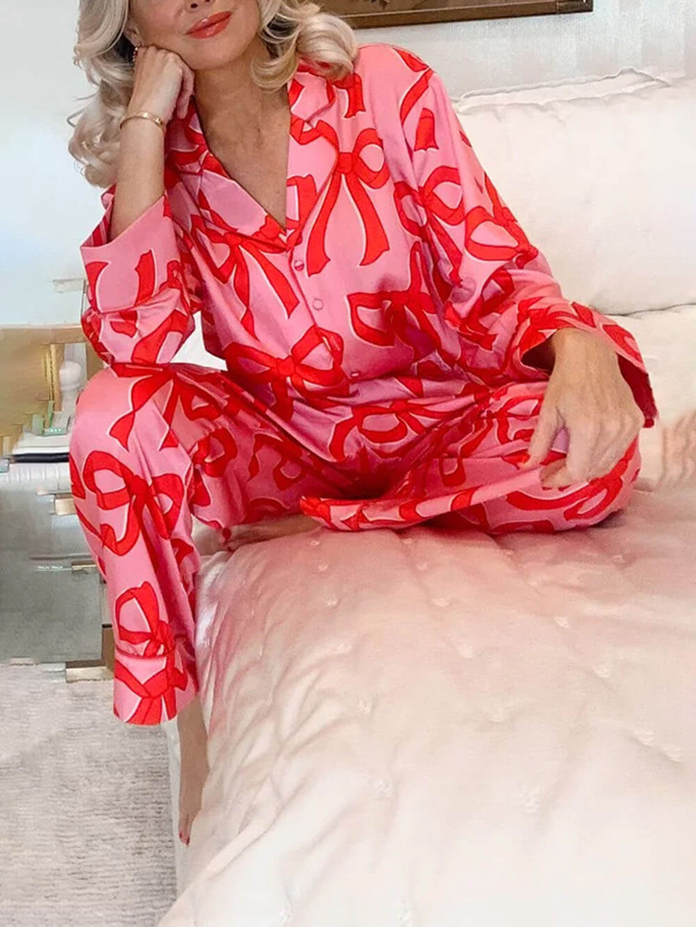 Rosa Pyjama-Set mit roten Schleifen - Javina