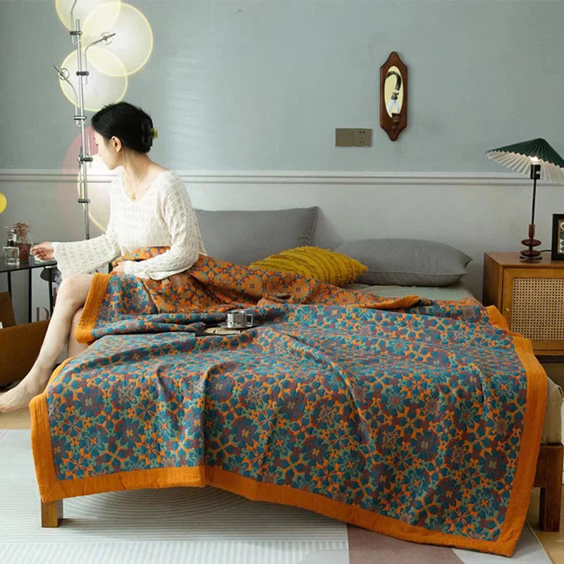 Orange & Blau gemusterter Quilt aus sechslagiger Baumwolle - TerraLoom