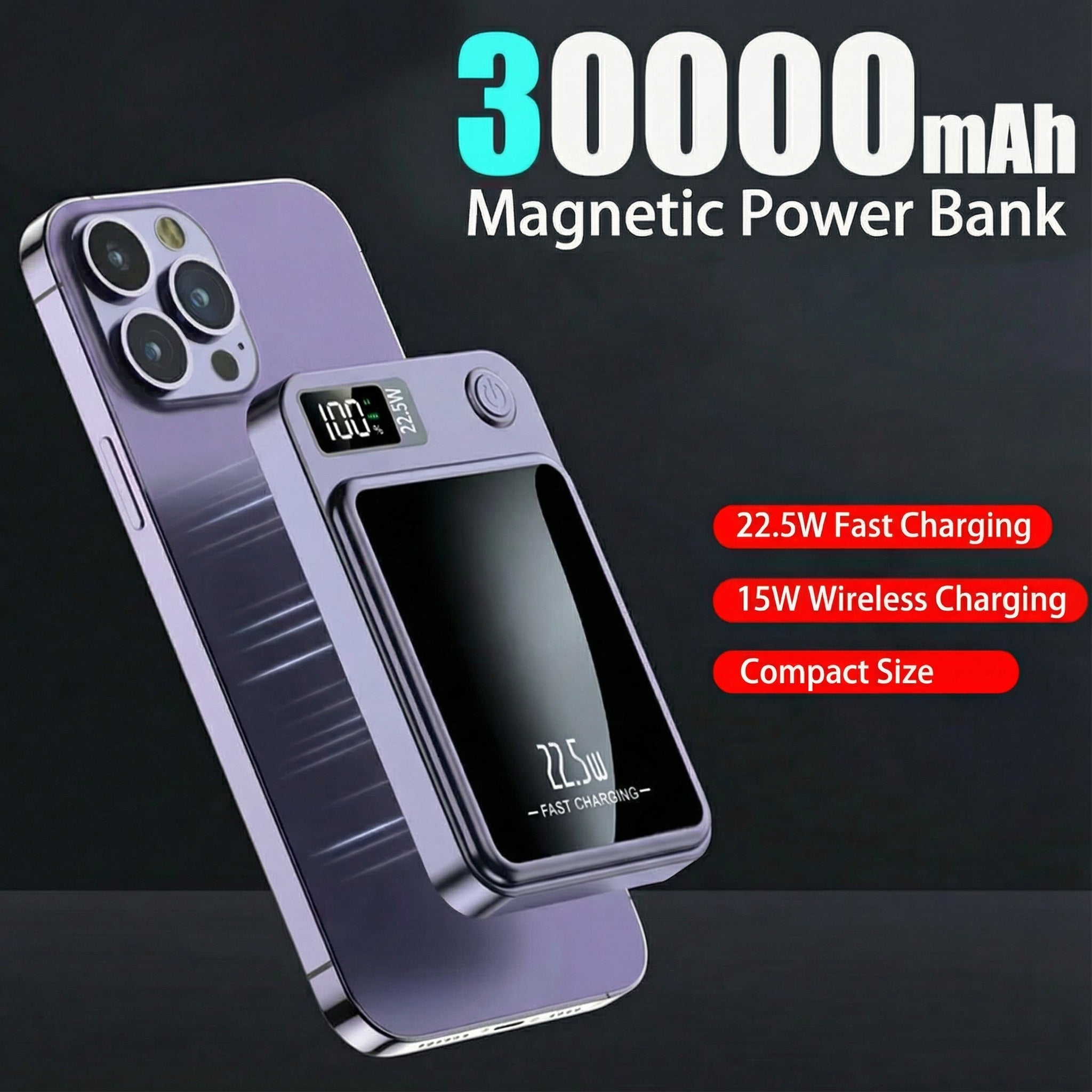 Bezdrátová powerbanka – 30000 mAh, 22,5W rychlé nabíjení a magnetický design