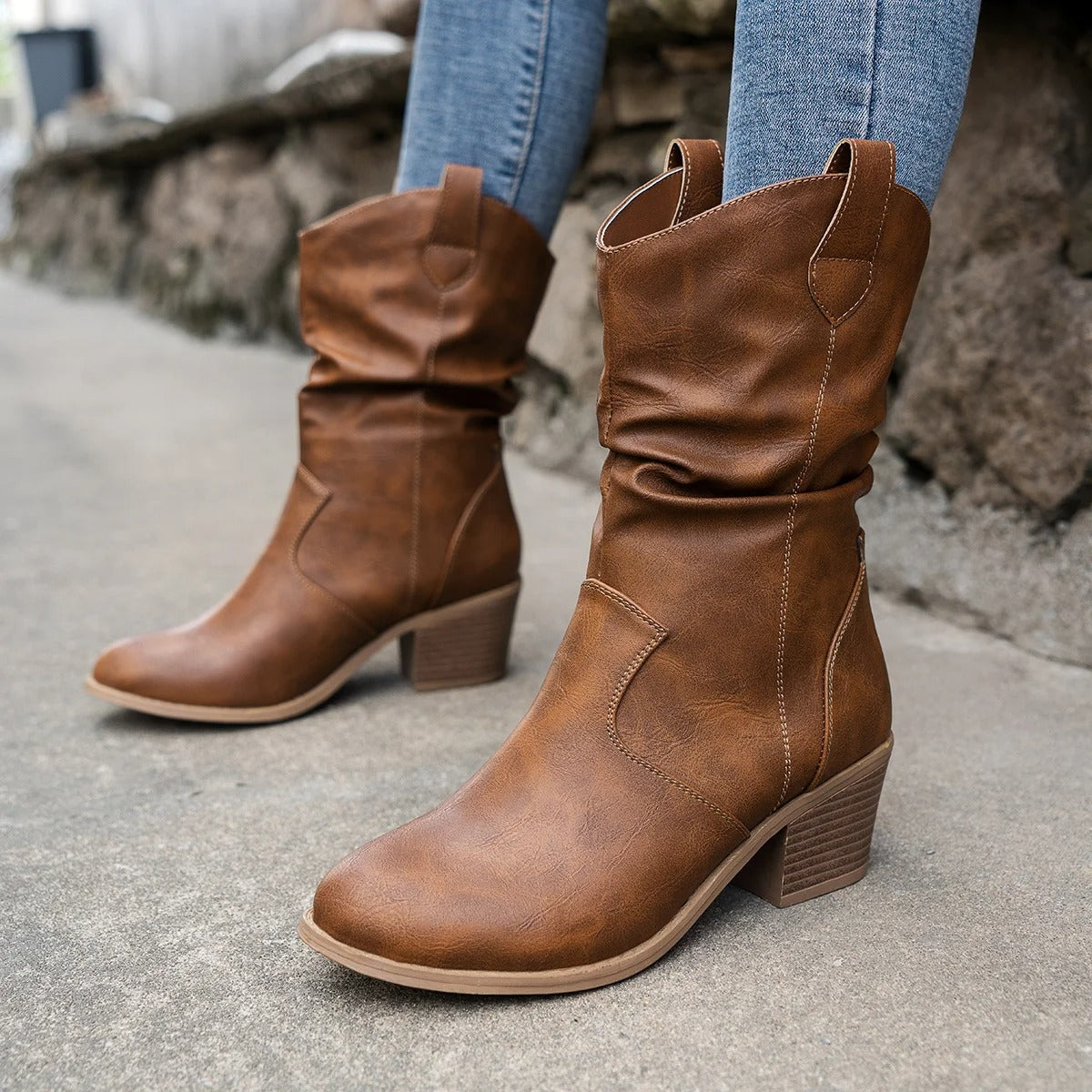 PU-Leder niedrige Ferse rutschfest Cowboy-Stiefel für Frauen - Rehava