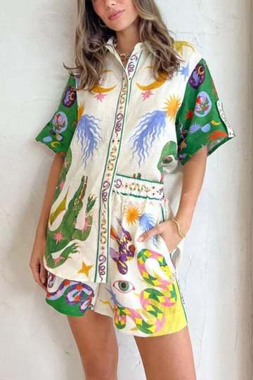 Stella - Bluse und Shorts aus Leinenmischung mit einzigartigem Druck und elastischem Bund