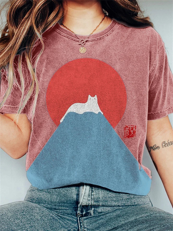 Japanische Kunst Fuji Katze auf Berg T-shirt mit Druck - Patricia