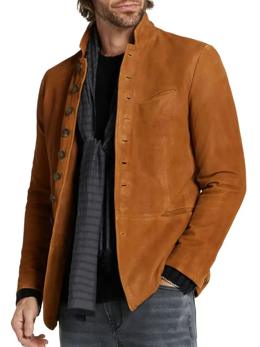 Blazer casual da uomo in pelle scamosciata vintage con colletto alla coreana - retrò e stiloso