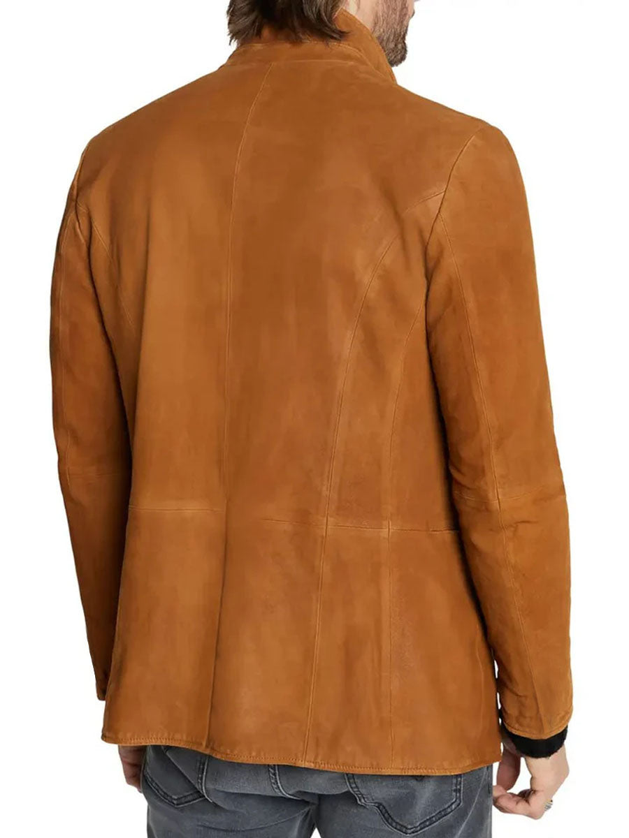 Blazer casual da uomo in pelle scamosciata vintage con colletto alla coreana - retrò e stiloso