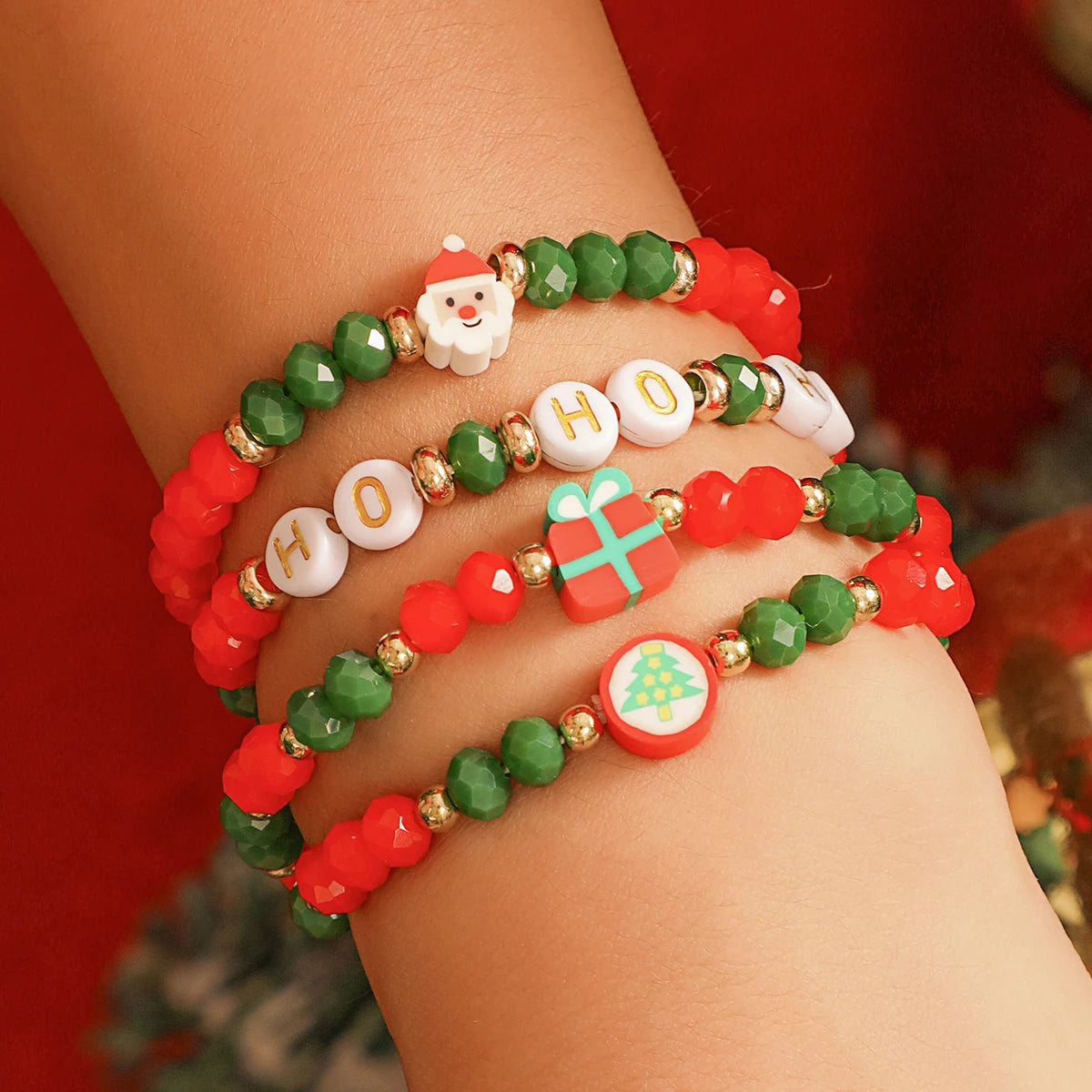 4-teiliges Armbandset Weihnachten mit Kristallperlen & Schriftzug