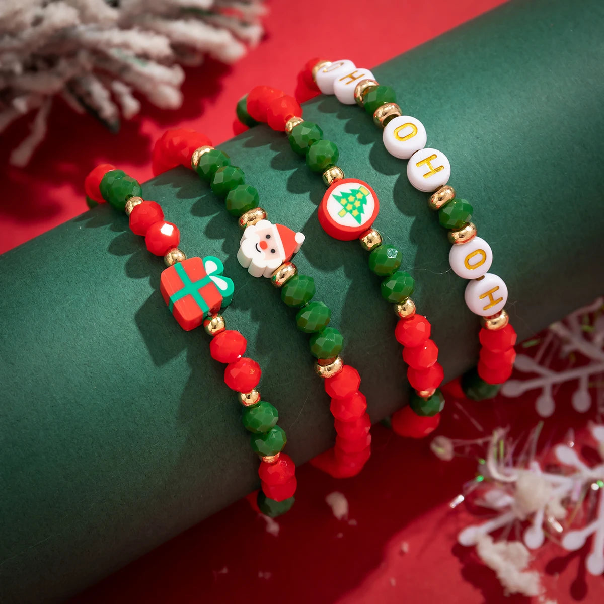 4-teiliges Armbandset Weihnachten mit Kristallperlen & Schriftzug