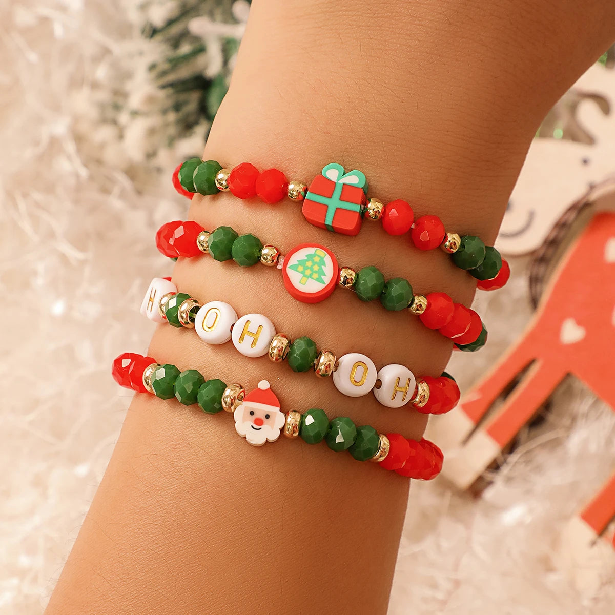 4-teiliges Armbandset Weihnachten mit Kristallperlen & Schriftzug