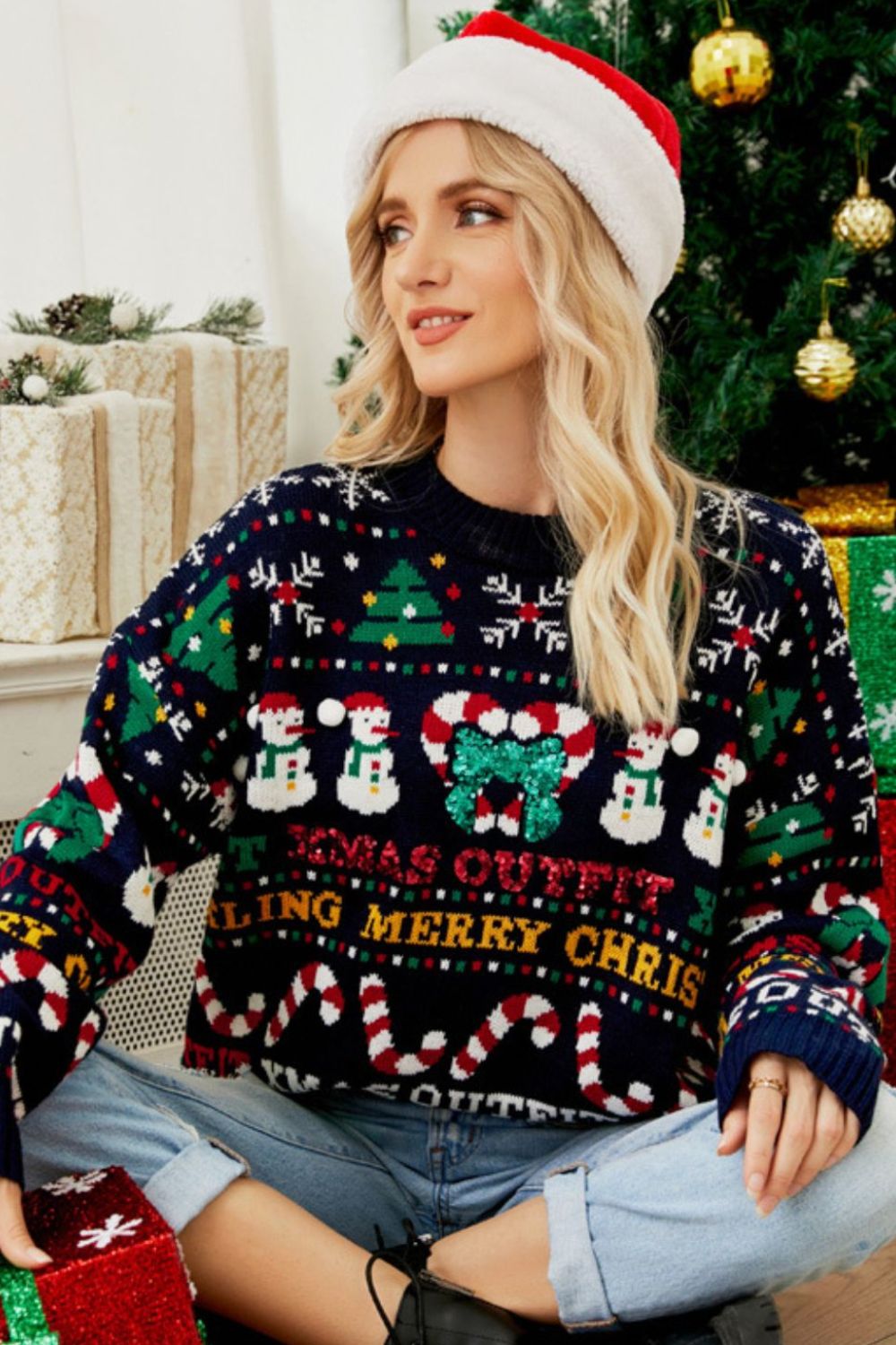 Juleprint Crewneck Pullover med overskårne skuldre - Festlig Pullover