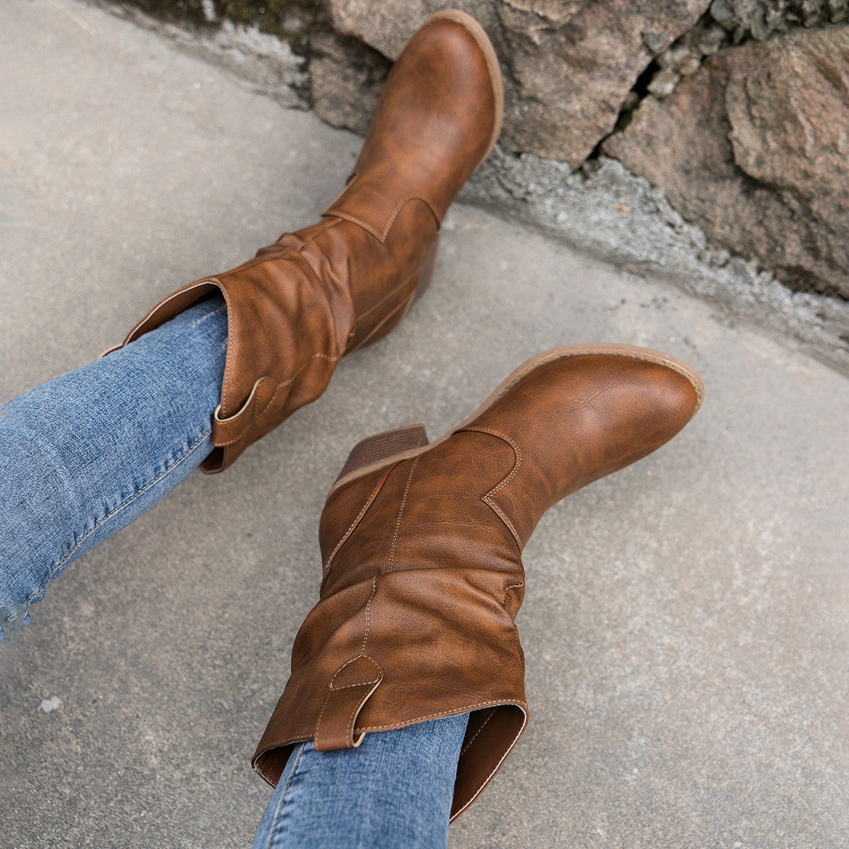 PU-Leder niedrige Ferse rutschfest Cowboy-Stiefel für Frauen - Rehava