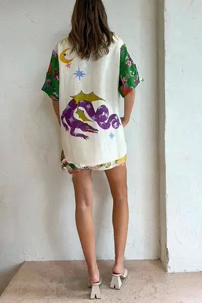 Stella - Bluse und Shorts aus Leinenmischung mit einzigartigem Druck und elastischem Bund