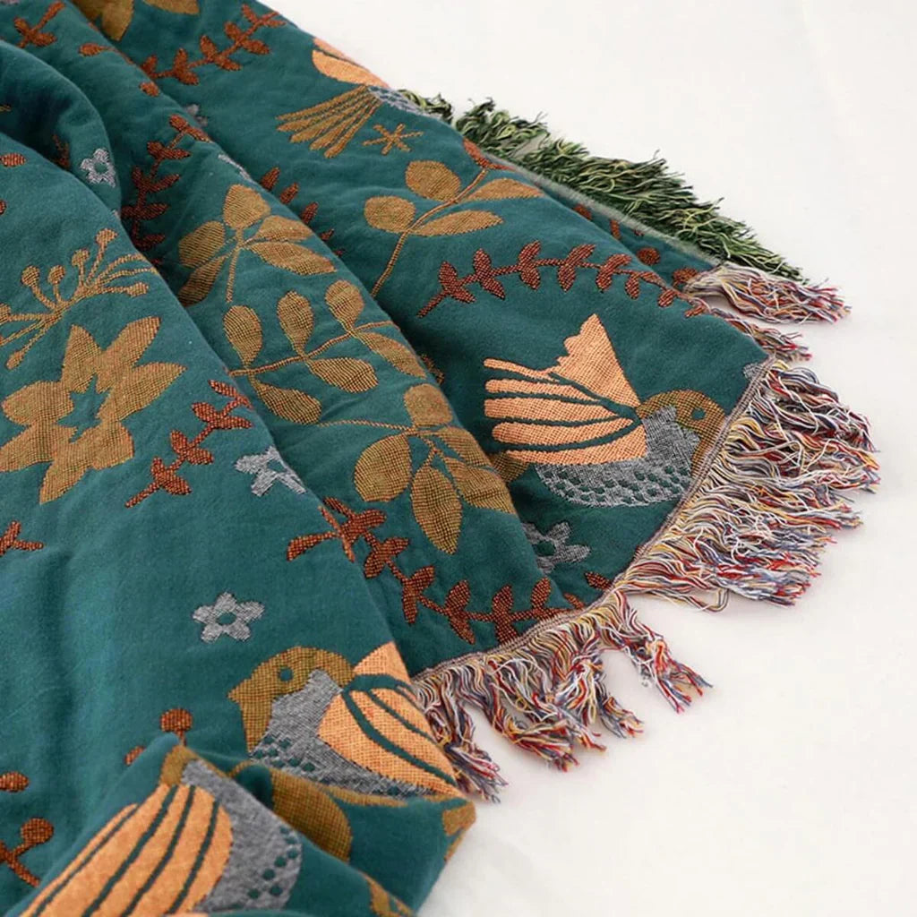 SkandiLoom – Couverture réversible en coton design scandinave – Oiseaux & Nature