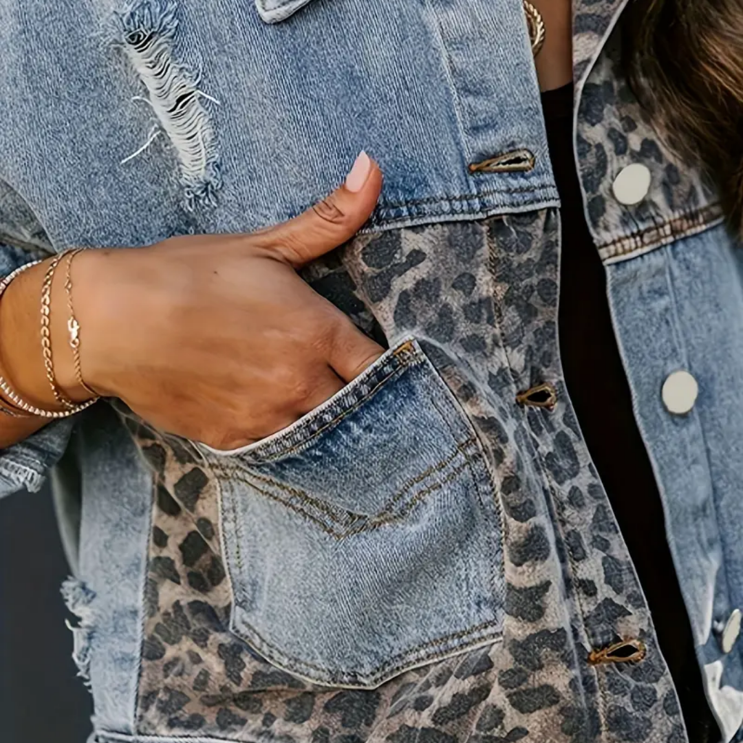 Wysse Jacket - Patchwork-Jeansjacke mit Leopardenmuster für Frauen