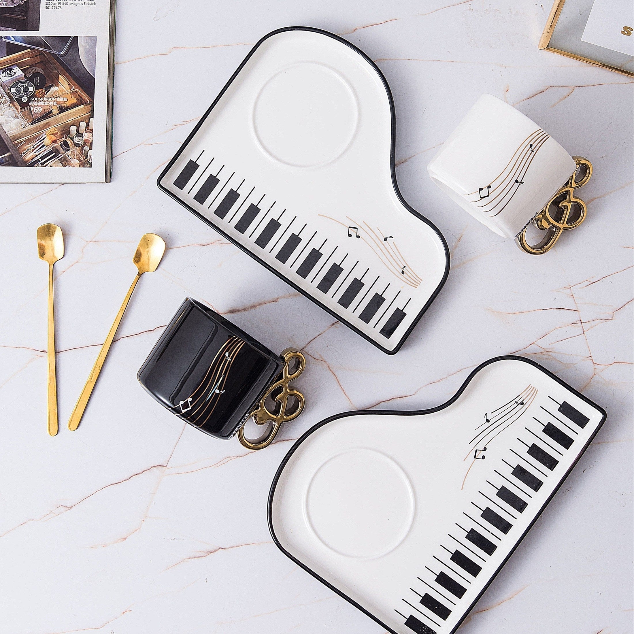 Notano – Ensemble de tasses motif piano en céramique & plateau – pour les amateurs de musique