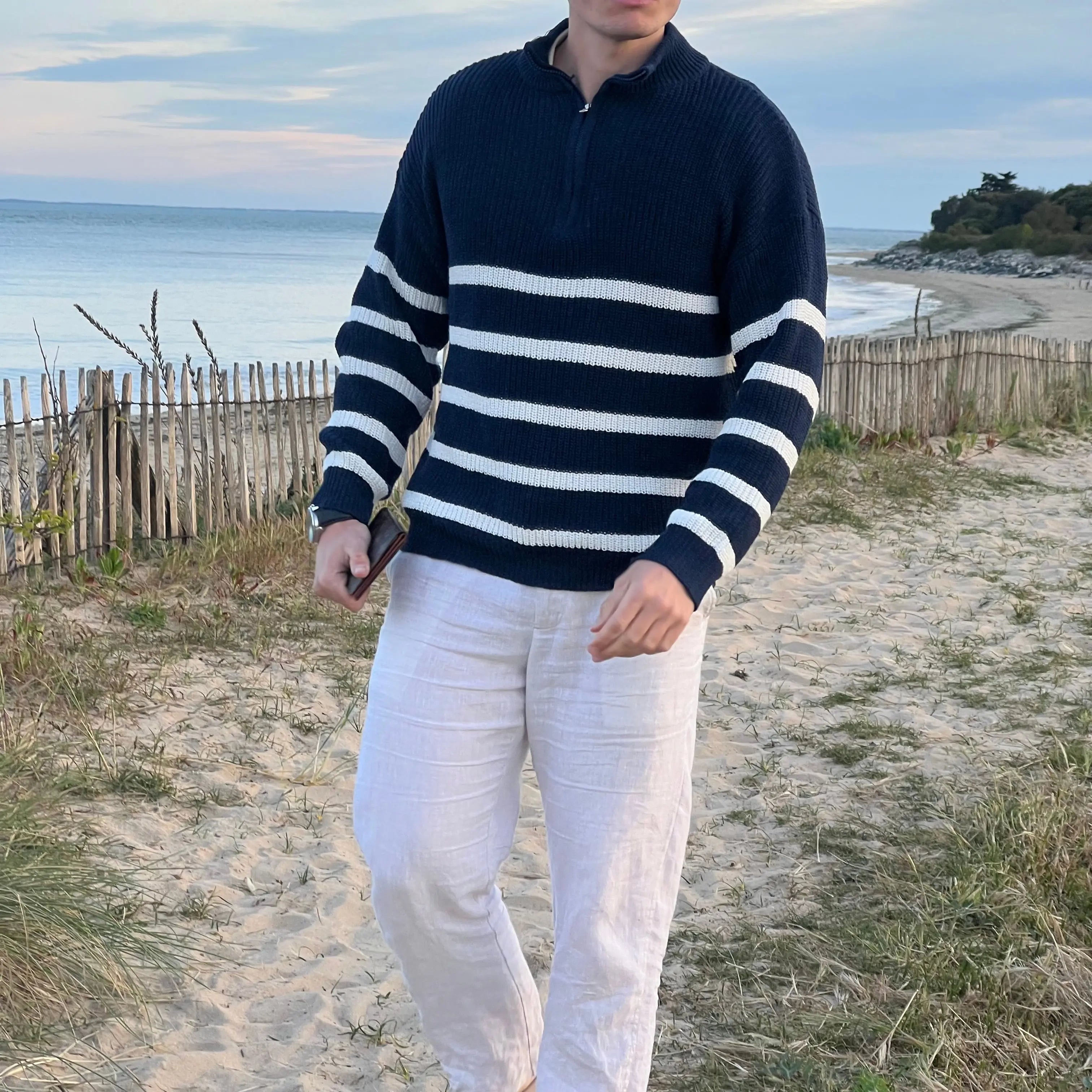 Yarrick Pullover – Stribet herrepullover med halv lynlås