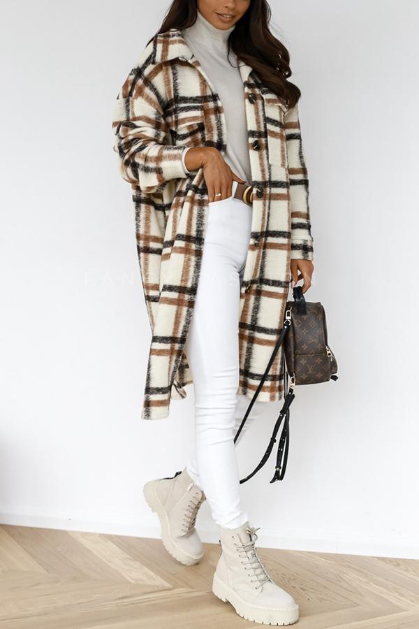 Wacine Jacket - Lange karierte Wolljacke mit Taschen für Frauen