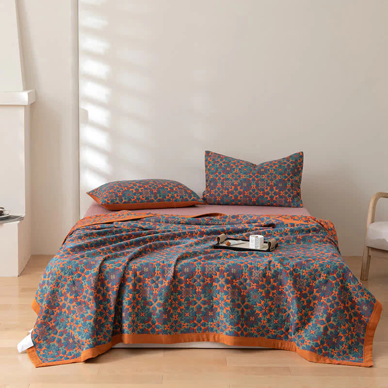 Orange & Blau gemusterter Quilt aus sechslagiger Baumwolle - TerraLoom