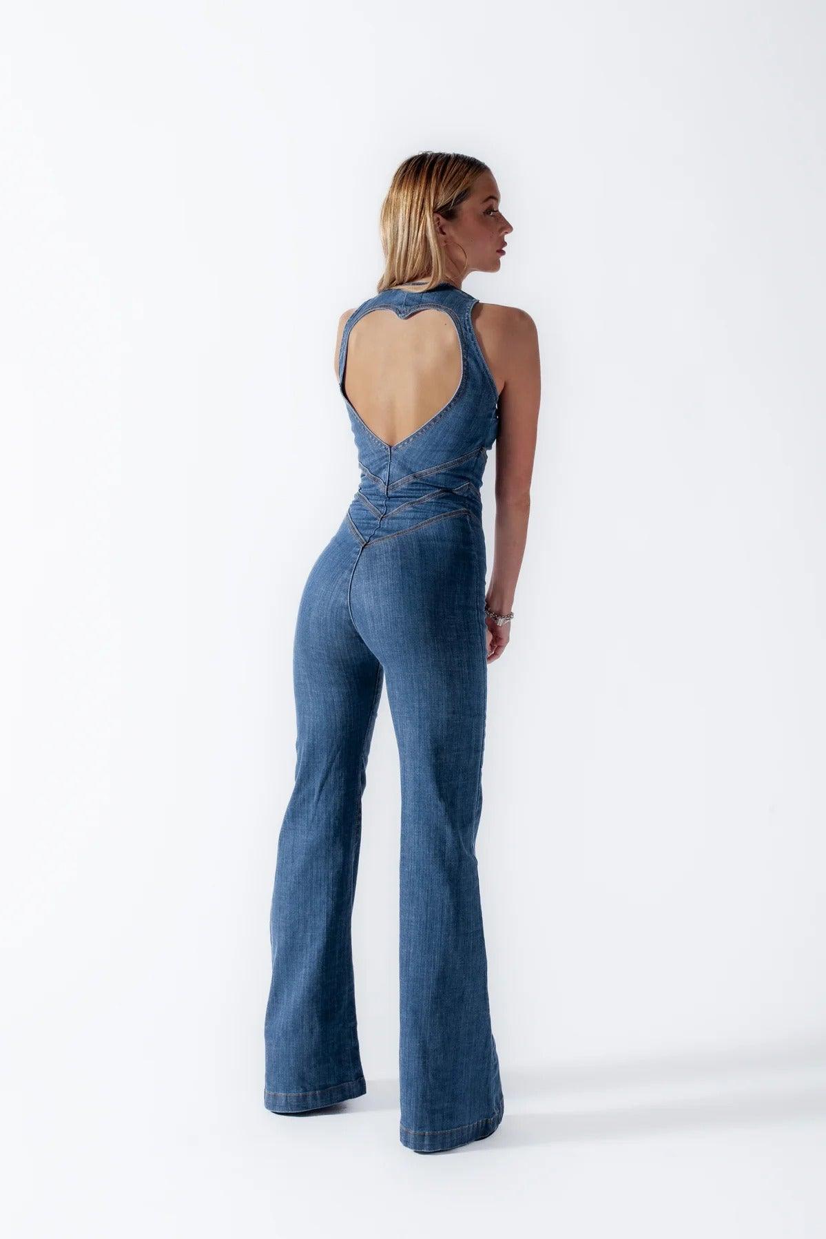Elena – Denim-Jumpsuit für Damen, ärmellos mit Herzausschnitt