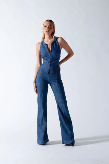 Elena – Denim-Jumpsuit für Damen, ärmellos mit Herzausschnitt