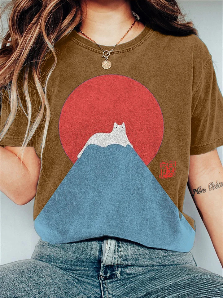 Japanische Kunst Fuji Katze auf Berg T-shirt mit Druck - Patricia