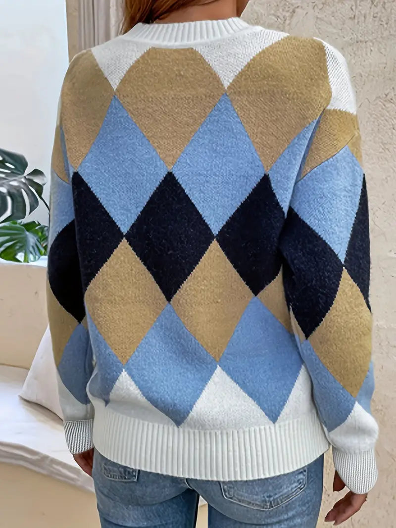 Nancy | Pull-over à col rond et motif à carreaux pour une élégance intemporelle