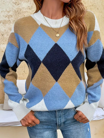 Nancy | Pull-over à col rond et motif à carreaux pour une élégance intemporelle