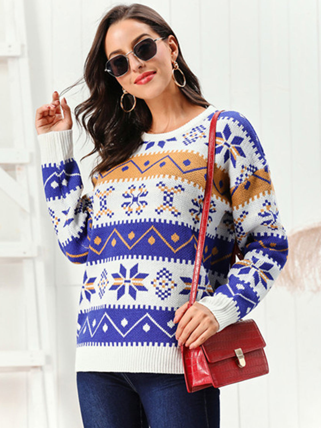 Maglione con motivo a fiocchi di neve e scollo rotondo | Elastico e festoso