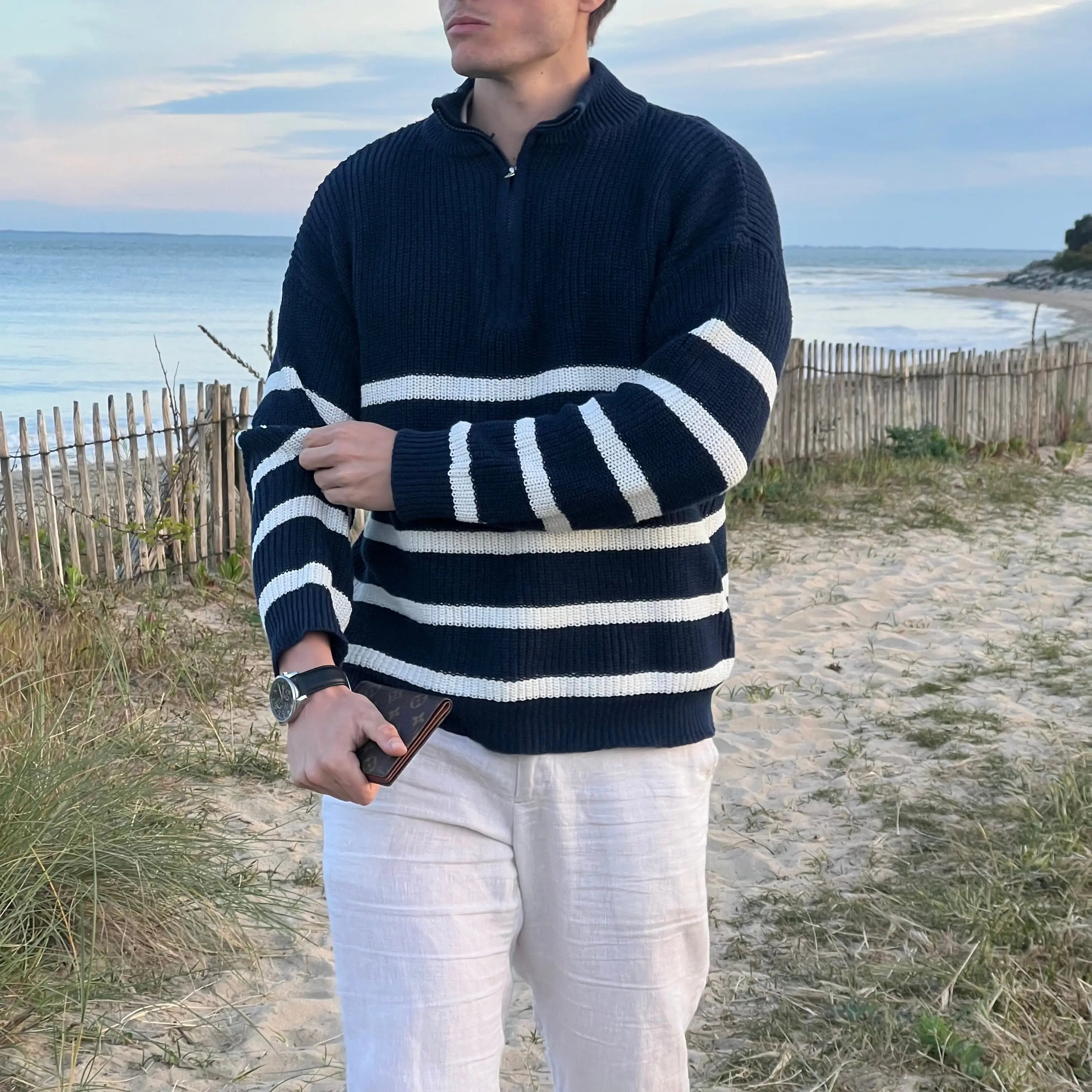 Yarrick Pullover – Stribet herrepullover med halv lynlås