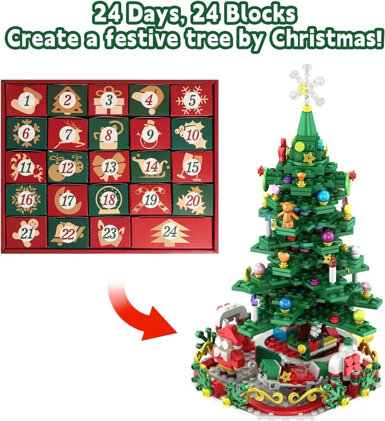Lumibrix Adventskalender für Kinder – 24 Überraschungen mit LED-Beleuchtung & Bunter Weihnachtsbaum aus Bausteinen