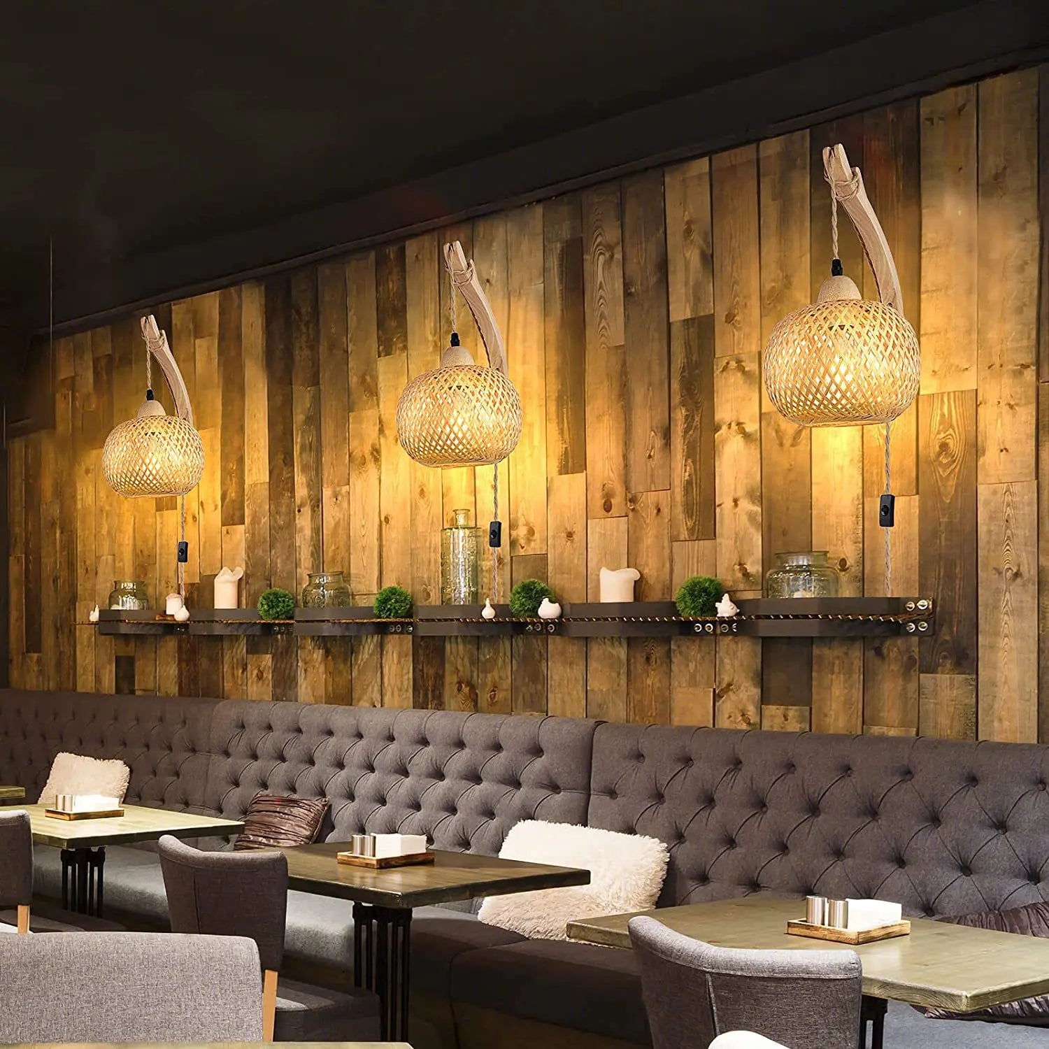 Handgeflochtene Bambus Wandleuchte - Natürliches Rattan - Boho LED Beleuchtung