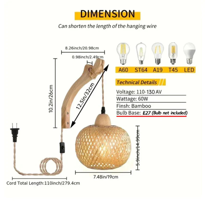 Handgeflochtene Bambus Wandleuchte - Natürliches Rattan - Boho LED Beleuchtung