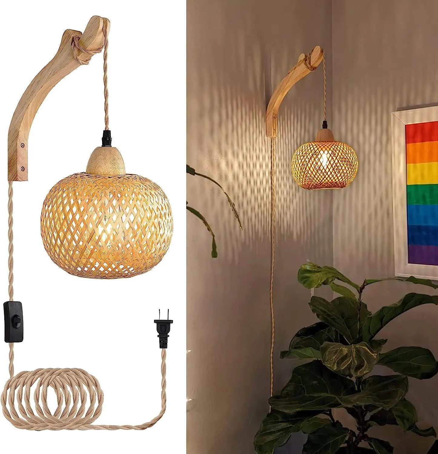 Handgeflochtene Bambus Wandleuchte - Natürliches Rattan - Boho LED Beleuchtung
