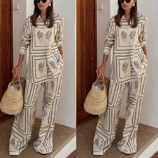Mera - Elegantes bedrucktes Set für Frühling und Sommer [Hemd + Hose]
