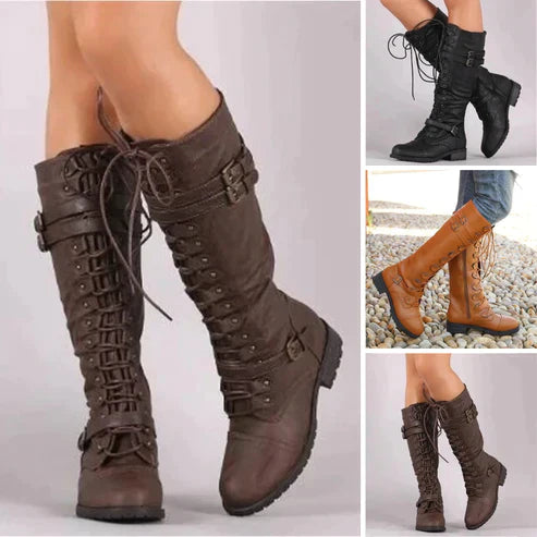 Linda - Flache Retro-Stiefel mit Schnalle und Schnürsenkeln