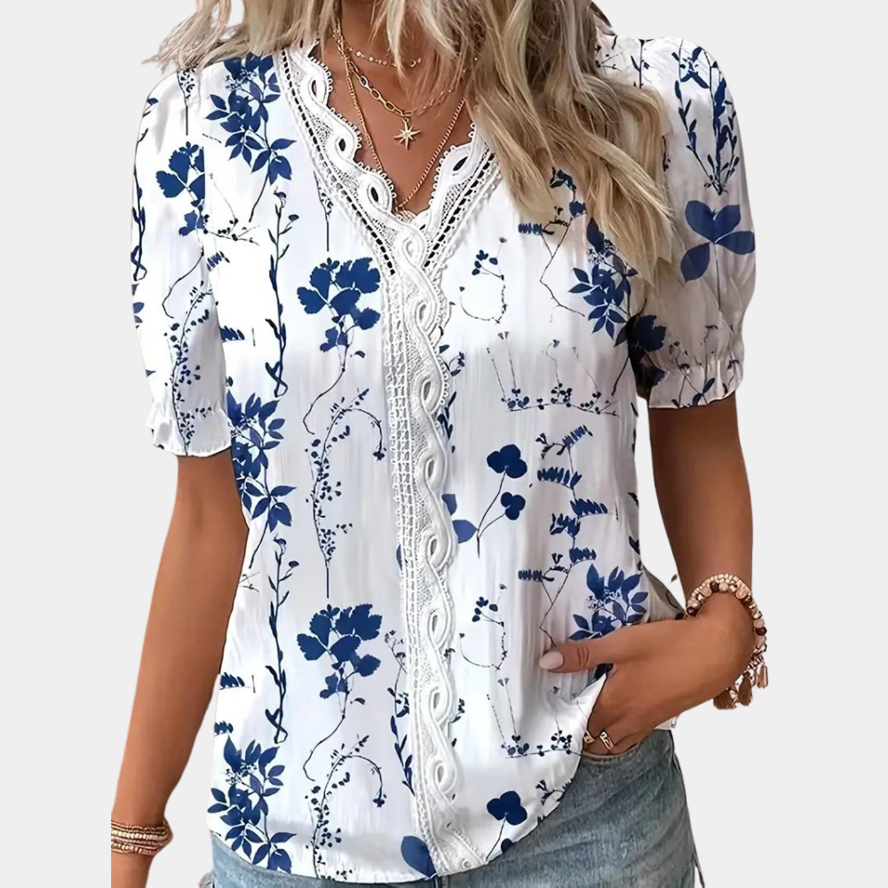 Damenbluse mit Blumenmuster und Spitzenbesatz - Ariel