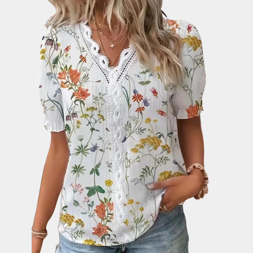Damenbluse mit Blumenmuster und Spitzenbesatz - Ariel