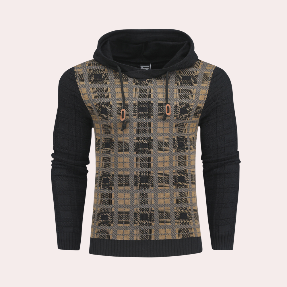 Emre - Herren Strickpullover mit Kapuze und Karomuster