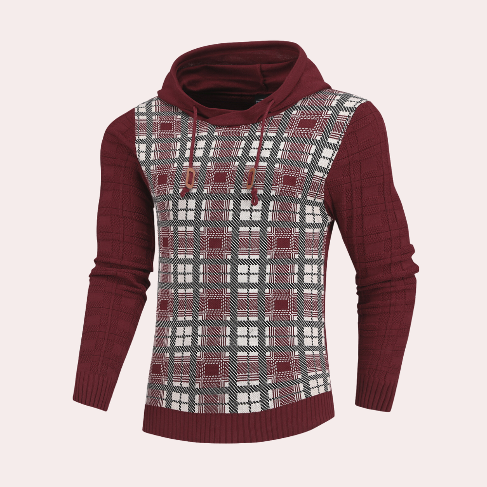 Emre - Herren Strickpullover mit Kapuze und Karomuster