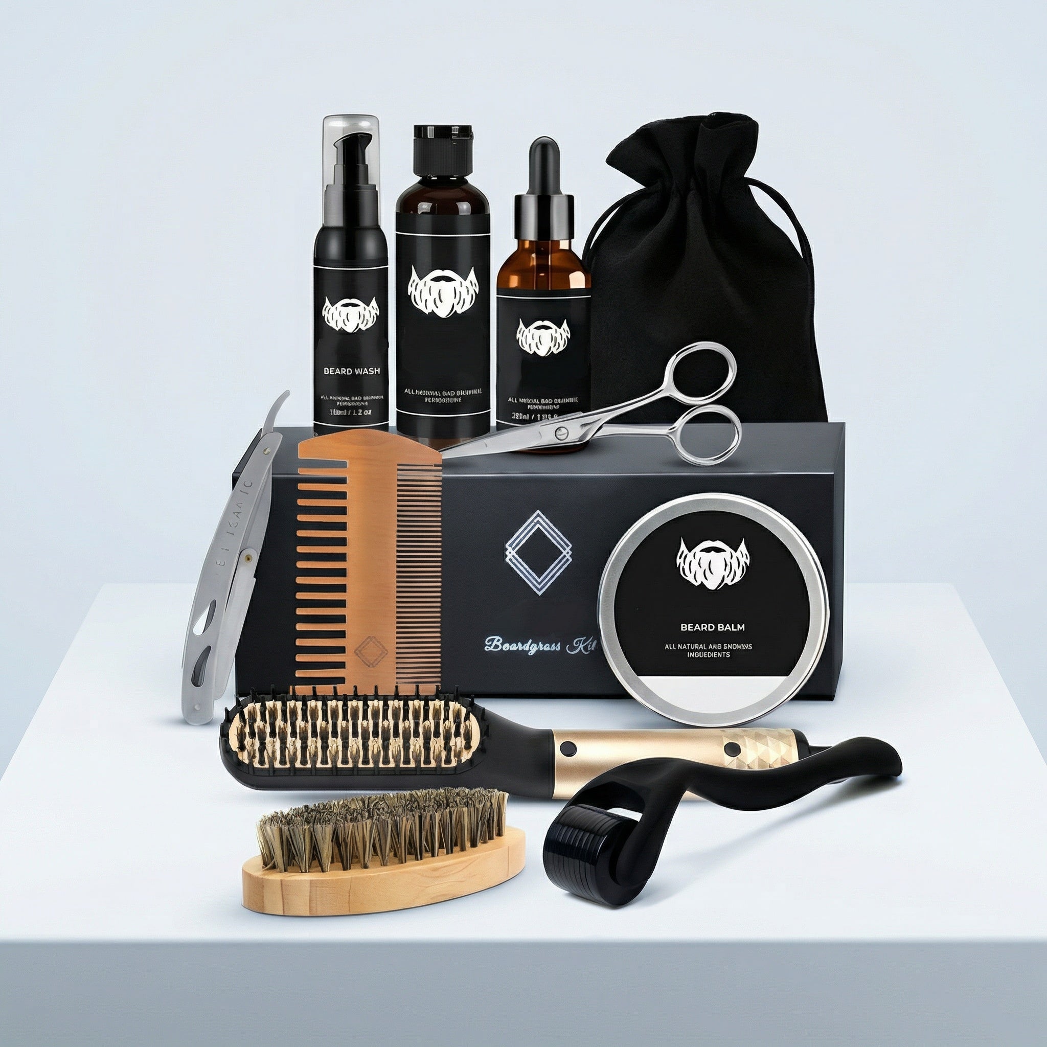 Ensemble de soins pour barbe avec brosse à barbe, huile à barbe et peigne à barbe – Ensemble complet de soins et de coiffage