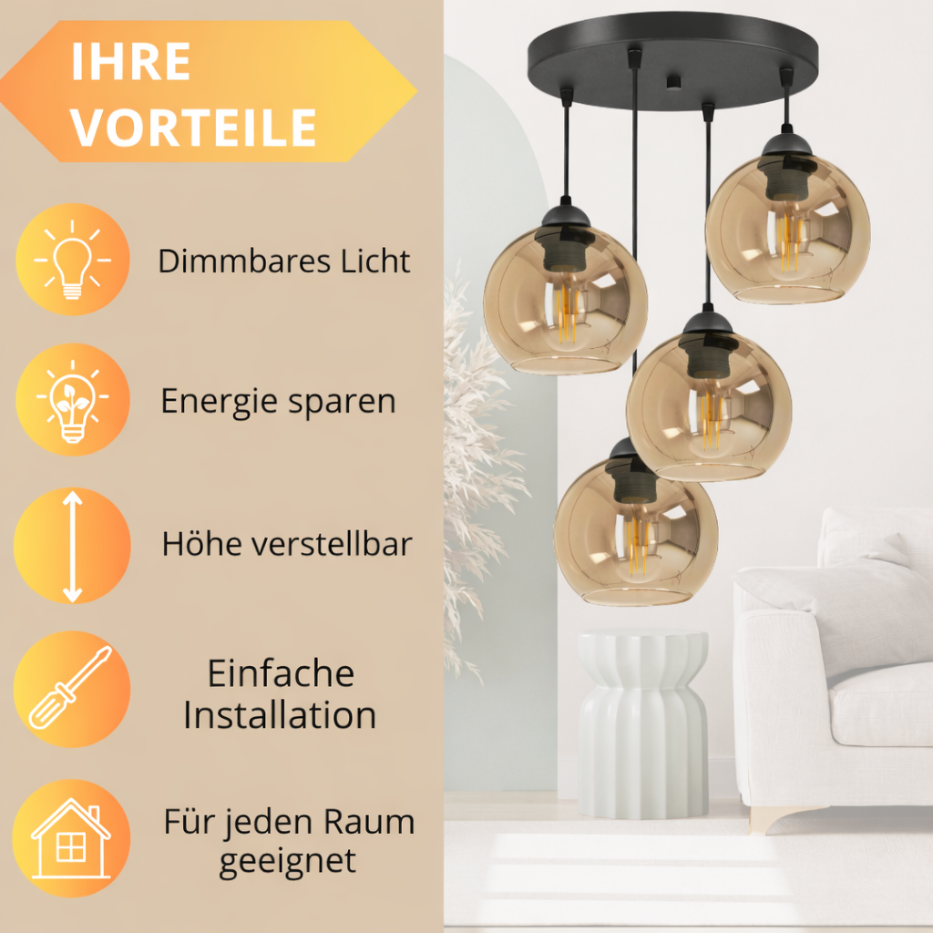 Industrielle 4-flammige Pendelleuchte Amber – Warme Lichtwirkung & zeitloser Stil