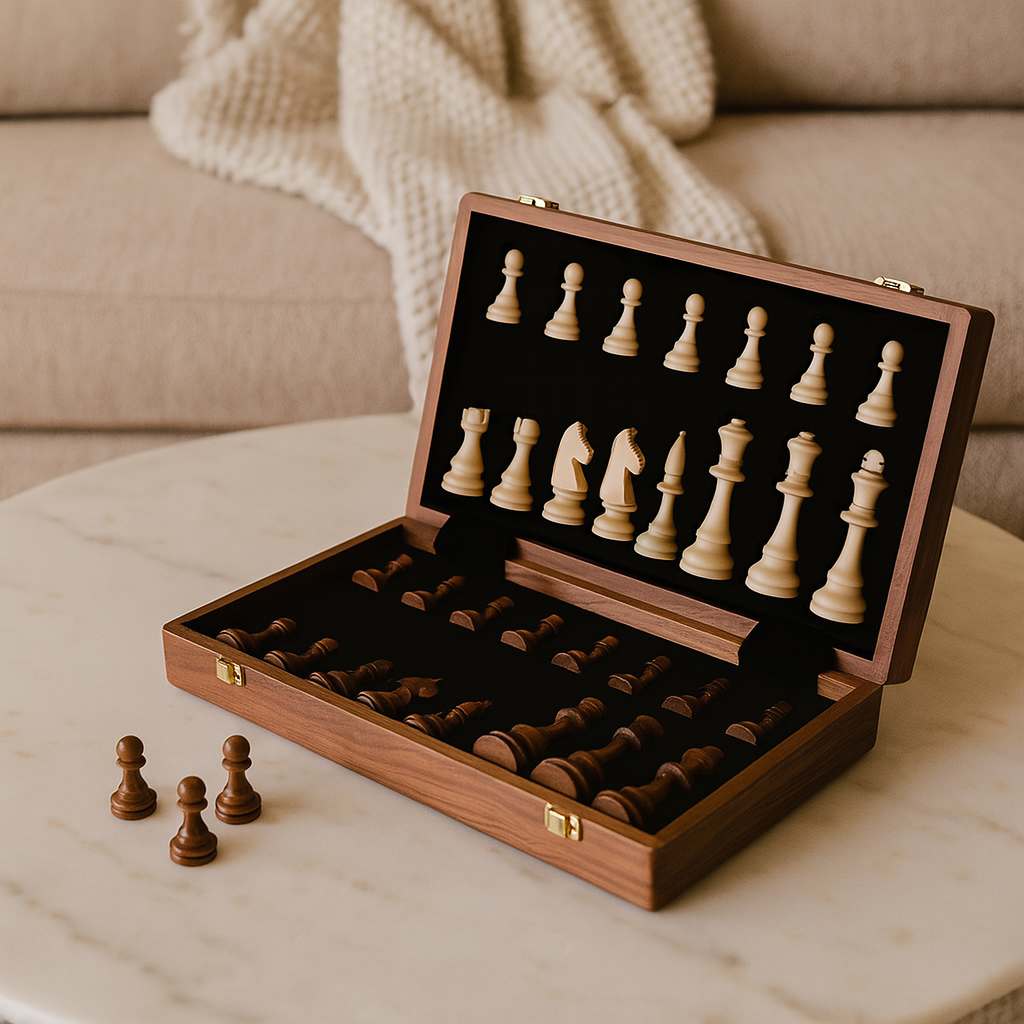 Regalis – Schachset aus Holz mit klappbarem Turnierbrett & Stauraum
