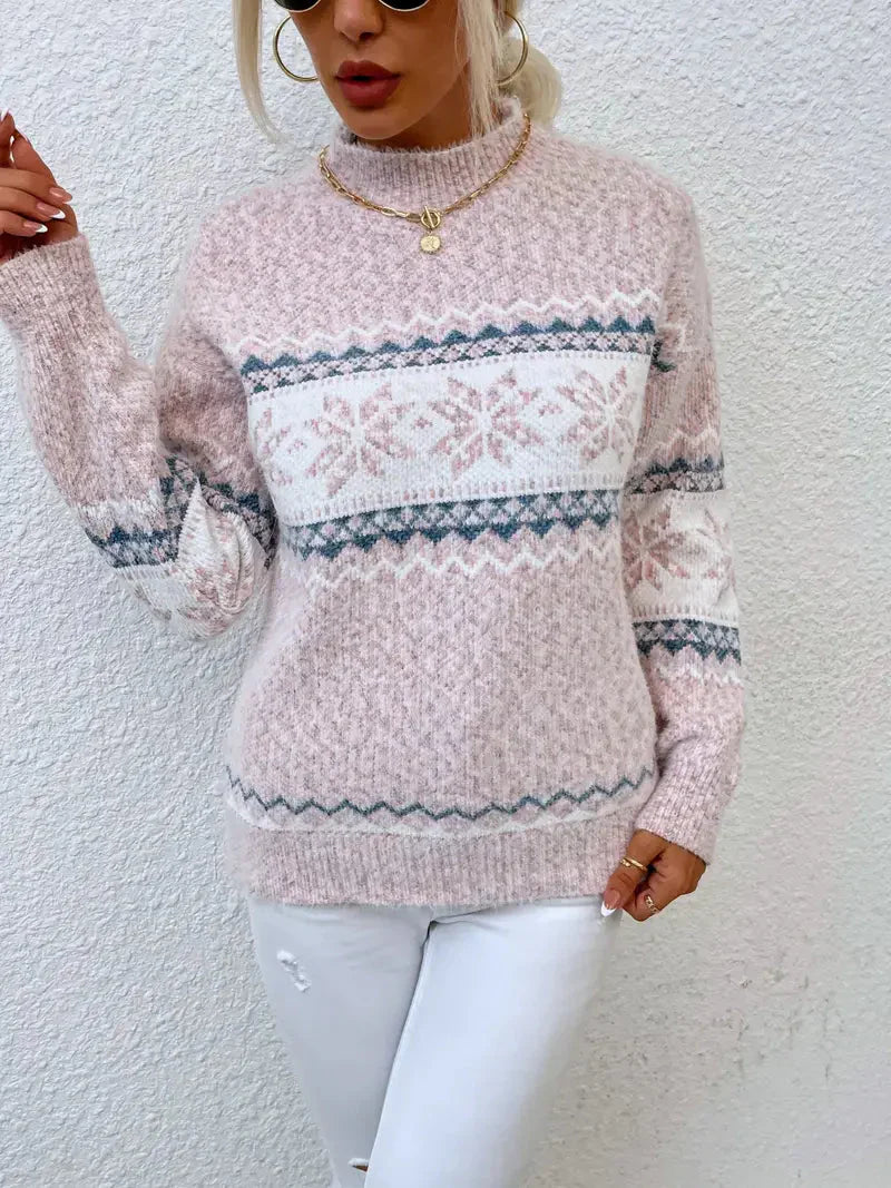 Maglione di Natale da donna - Collo alto - Motivo a fiocchi di neve - Maglione invernale lavorato a maglia