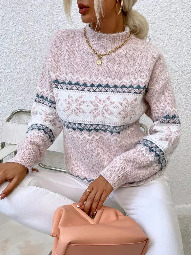 Maglione di Natale da donna - Collo alto - Motivo a fiocchi di neve - Maglione invernale lavorato a maglia