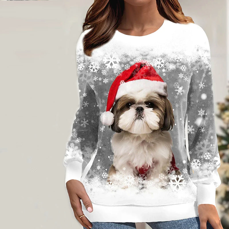 Felpa di Natale - Grigio - Vestibilità ampia Girocollo Maglione da donna con stampa di cane