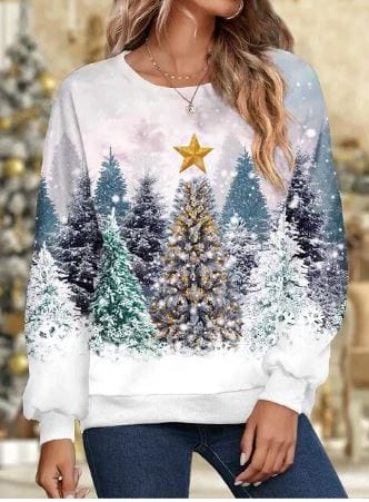 Weihnachts-Sweatshirt - Lose Passform Rundhalsausschnitt Damen Pullover mit Weihnachtsbaum