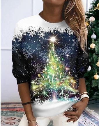 Weihnachts-Sweatshirt - Lose Passform Rundhalsausschnitt Damen Pullover mit Weihnachtsbaum