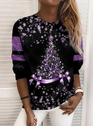 Weihnachts-Sweatshirt - Lose Passform Rundhalsausschnitt Damen Pullover mit Weihnachtsbaum
