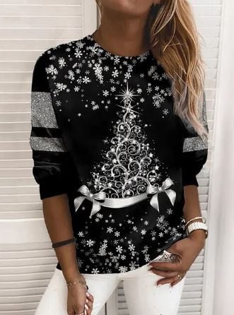 Weihnachts-Sweatshirt - Lose Passform Rundhalsausschnitt Damen Pullover mit Weihnachtsbaum