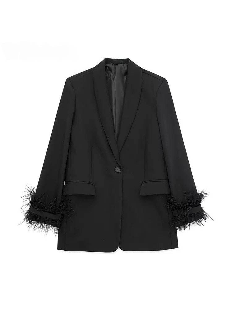 Schwarzer Blazermantel aus Vintage-Satin für Frauen - Yalinda